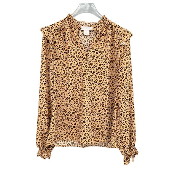 Rachel Parcell Leopard Animal Print Long Sleeve Ruffle Shoulder V-neck Blouse - Picture 12 of 15